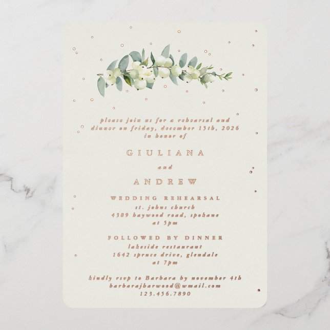 Invitation En Aluminium Crème Snowberry+Eucalyptus Mariage répétition (Recto)