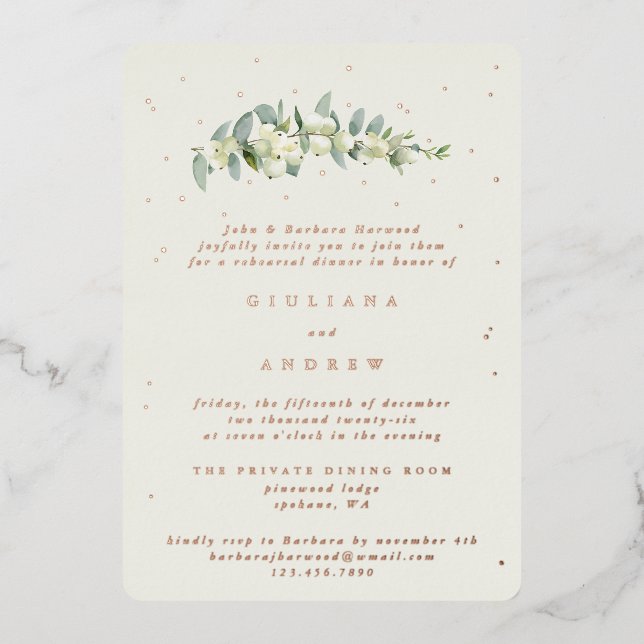 Invitation En Aluminium Crème Snowberry+Eucalyptus Mariage répétition (Recto)