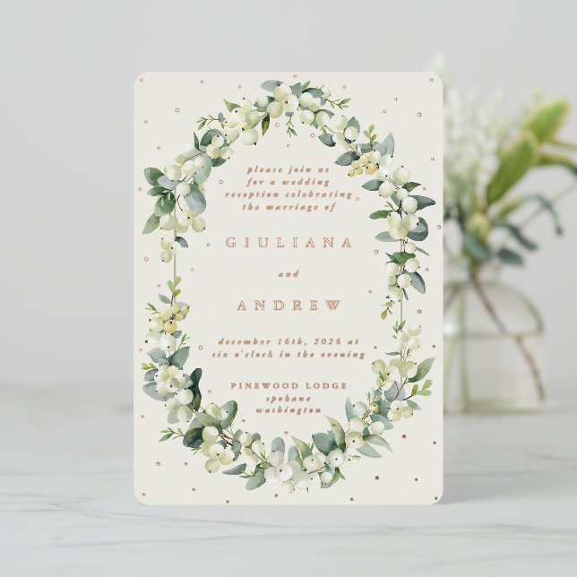 Invitation En Aluminium Crème Snowberry+Eucalyptus Réception de mariage un (Debout devant)