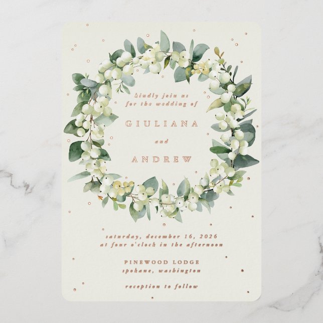 Invitation En Aluminium Crème Snowberry+Eucalyptus Wreath d'hiver Mariage (Recto)