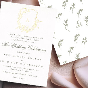 Invitation En Aluminium crête de monogramme botanique vert sauge classique