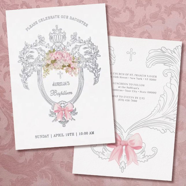 Invitation En Aluminium Crête élégante rose baptême argent (Créateur téléchargé)