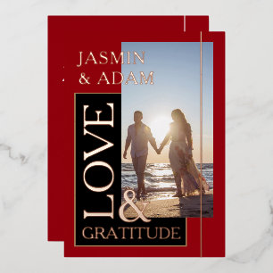 Invitation En Aluminium Crimson Red Photo Mariage Love and Gratitude Gold
