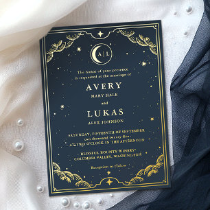 Invitation En Aluminium Croissant de Lune Céleste Bleu Nuit Mariage Or