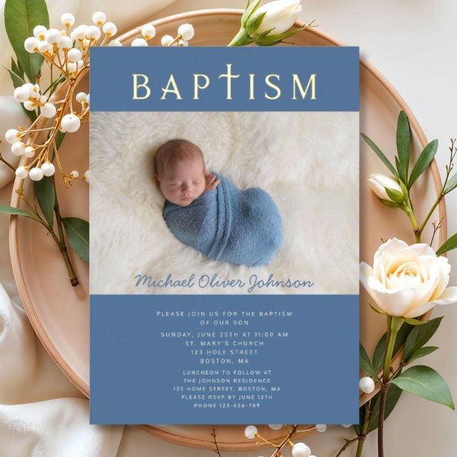 Invitation En Aluminium Croix Bleue Baptême de garçon Photo Or (Blue Religious Cross Boy Baptism Photo Gold Foil Invitation)