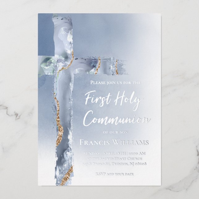 Invitation En Aluminium Croix bleue poussiéreuse de la première communion (Recto)