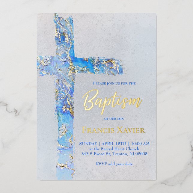 Invitation En Aluminium croix de baptême à l'aquarelle abstraite (Recto)