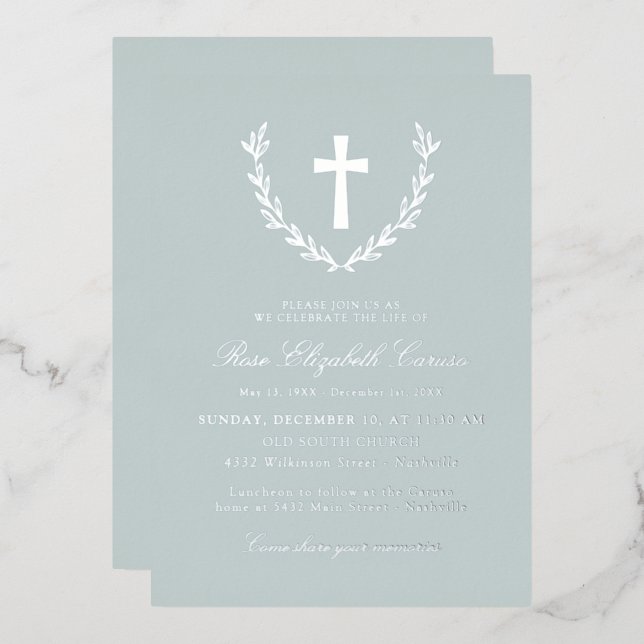 Invitation En Aluminium Croix de Couronne de Laurier Argentée Célébration  (Recto/Verso)