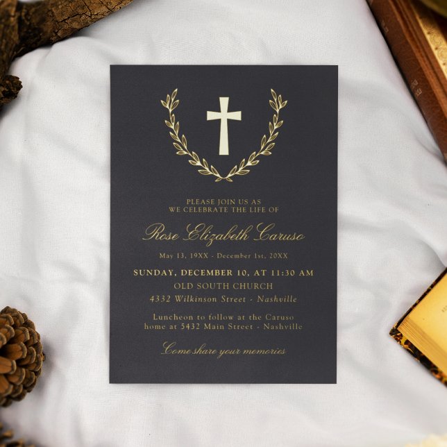 Invitation En Aluminium Croix de couronne d'or noire Célébration de la vie (Créateur téléchargé)