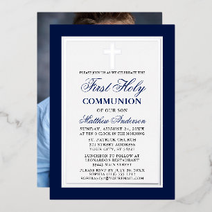 Invitation En Aluminium Croix de la Sainte Communion bleue