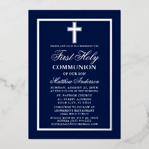 Invitation En Aluminium Croix de première communion bleu marine argent