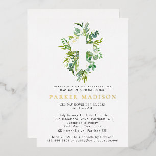 Invitation En Aluminium Croix de verts floraux d'eucalyptus Baptême Or