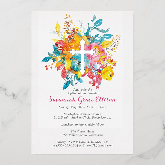 Invitation En Aluminium Croix d'huile d'argent avec des fleurs d'aquarelle (Recto)