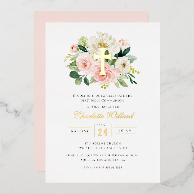 Invitation En Aluminium Croix d'or florale moderne fille première communio (Recto/Verso)
