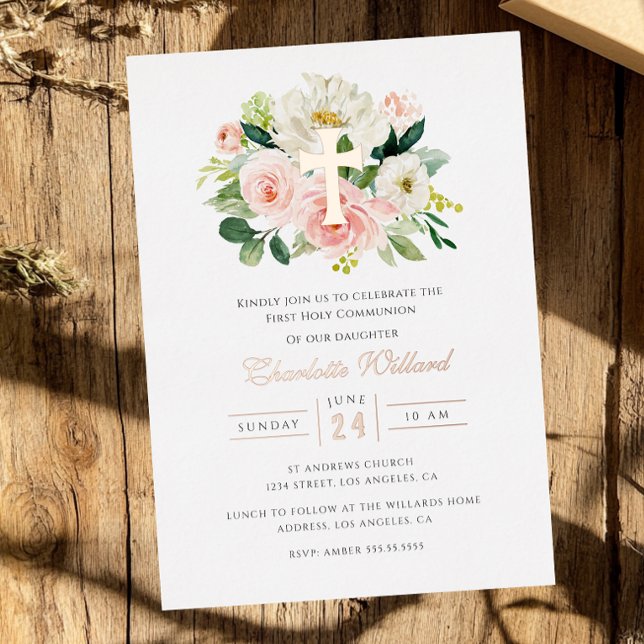 Invitation En Aluminium Croix d'or florale Rose fille première communion (Créateur téléchargé)