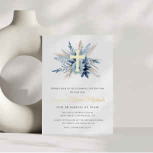 Invitation En Aluminium croix d'or moderne bleu floral baptême