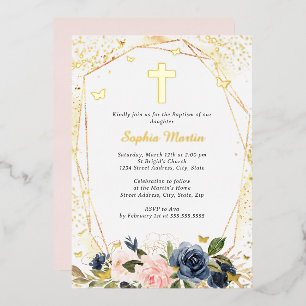 Invitation En Aluminium Croix d'or rose Floral Girl Baptism
