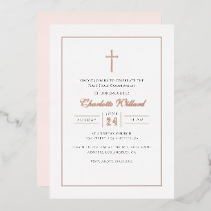 Invitation En Aluminium Croix d'or Rose moderne Filles Première communion