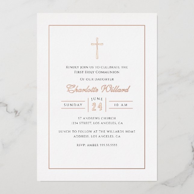 Invitation En Aluminium Croix d'or Rose moderne Filles Première communion (Recto)