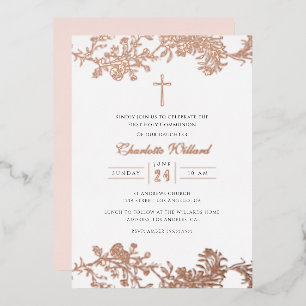 Invitation En Aluminium Croix d'or Rose vintage Filles Première communion
