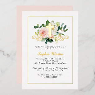 Invitation En Aluminium Croix dorée brillante Baptême floral rose Pretty