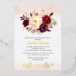 Invitation En Aluminium Croix dorée brillante Floral Bourgogne Baptême
