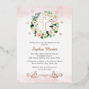 Invitation En Aluminium Croix dorée brillante florale Papillon Fille Baptê