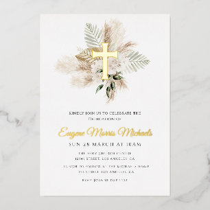 Invitation En Aluminium croix dorée pampas dédicace