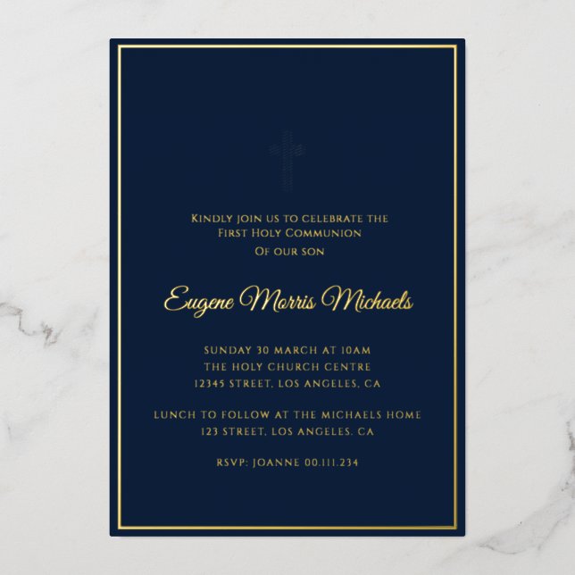 Invitation En Aluminium croix dorée simple communion bleue (Recto)