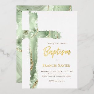 Invitation En Aluminium croix en agate verte aquarelle Baptême