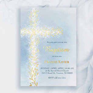 Invitation En Aluminium croix en or blanc aquarelle Baptême