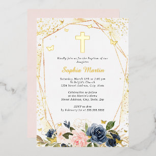 Invitation En Aluminium Croix Fleurie Or Navy Rose Baptême Fille