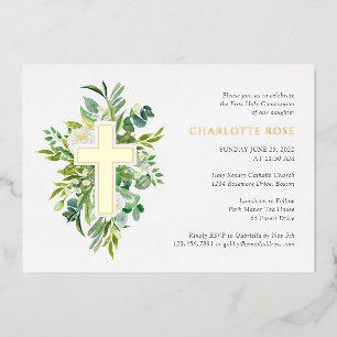 Invitation En Aluminium Croix florale aquarelle Sainte Communion or vérita