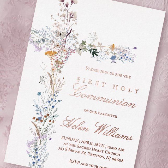 Invitation En Aluminium Croix florale de première communion (Créateur téléchargé)