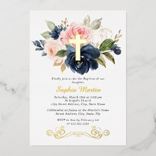 Invitation En Aluminium Croix Florale en Or Brillante Fille Rose Marine Ba