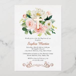 Invitation En Aluminium Croix florale rose or brillant fille baptême rose