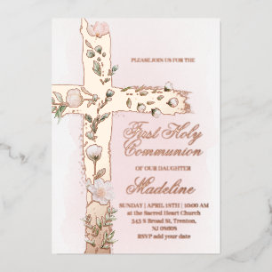 Invitation En Aluminium croix florale Sainte communion solennelle