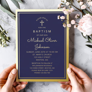 Invitation En Aluminium Croix religieuse élégante bleu marine or baptême