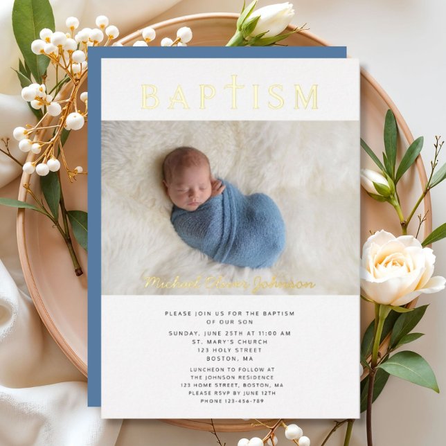 Invitation En Aluminium Croix Religieuse Garçon Baptême Photo Or (Religious Cross Boy Baptism Photo Gold Foil Invitation)
