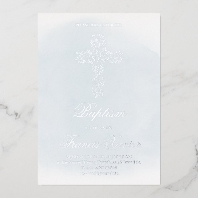Invitation En Aluminium croix Sainte baptême argent (Recto)