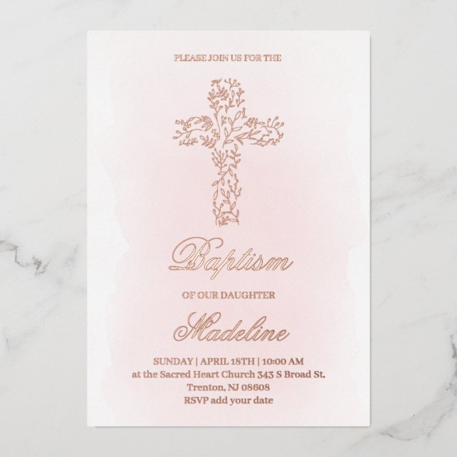 Invitation En Aluminium Croix sainte de baptême en or rose (Recto)
