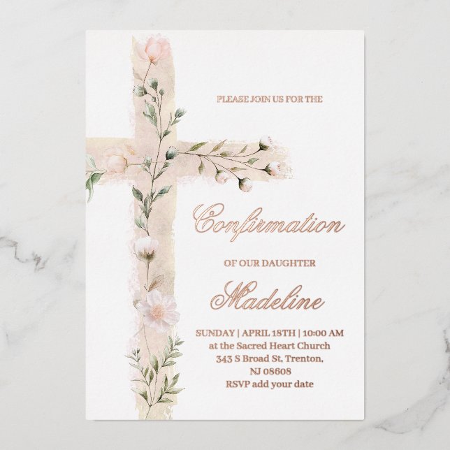 Invitation En Aluminium Croix sainte florale Confirmation (Recto)