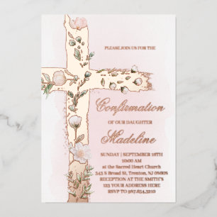 Invitation En Aluminium croix Sainte florale métallique Confirmation