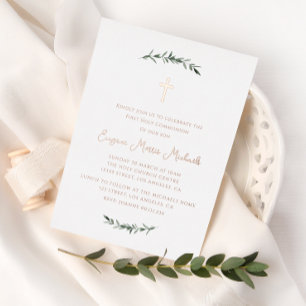 Invitation En Aluminium croix simple botanique première communion