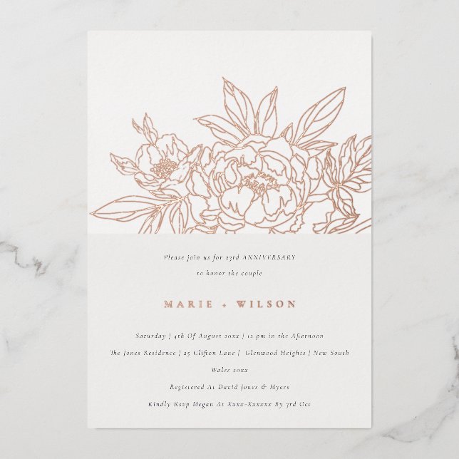 Invitation En Aluminium Croquis Floral Rose Minimal Chaque année Anniversa (Recto)