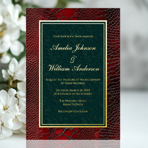 Invitation En Aluminium Cuir de serpent victorien rouge vert foncé mariage