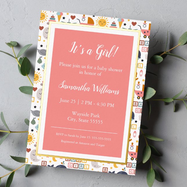 Invitation En Aluminium Cute Baby Girl Pink Pattern Baby Shower Gold (Créateur téléchargé)