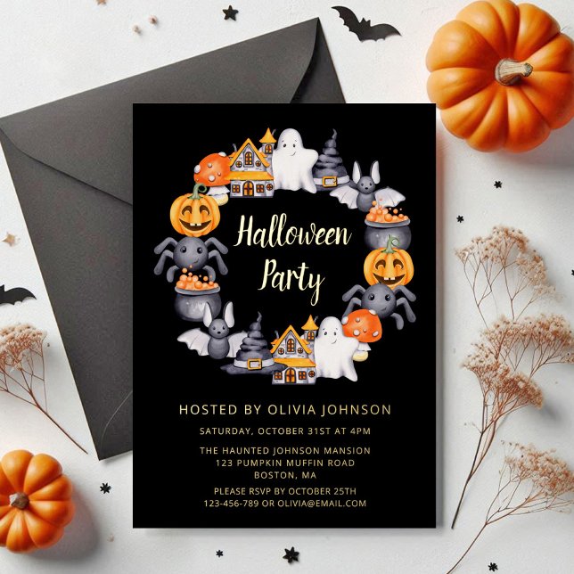 Invitation En Aluminium Cute Black Happy Halloween Illustration Party  (Cute Black Happy Halloween Illustration Party Foil Invitation)