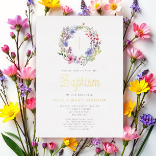 Invitation En Aluminium Cute Floral Wreath Religieuse Fille Baptême Or