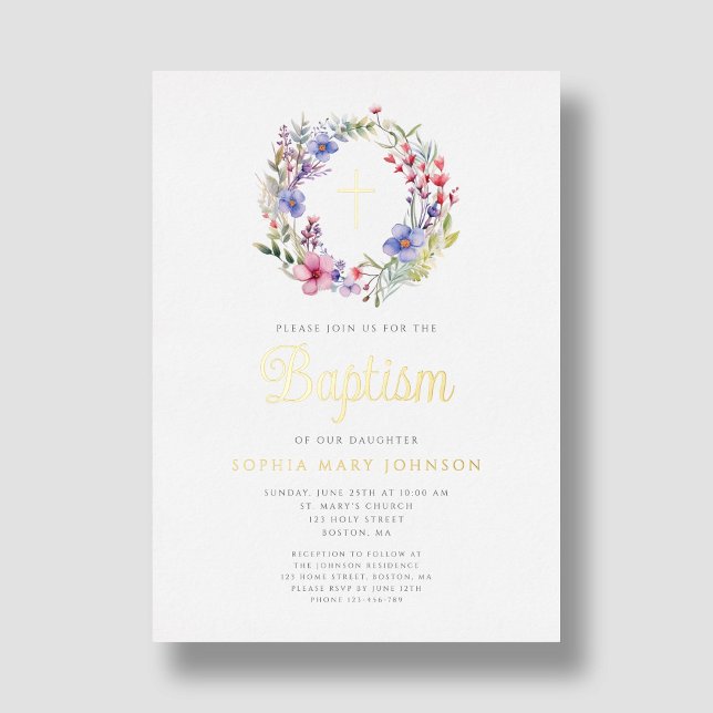 Invitation En Aluminium Cute Floral Wreath Religieuse Fille Baptême Or (Cute Floral Wreath Religious Girl Baptism Gold Foil Invitation)